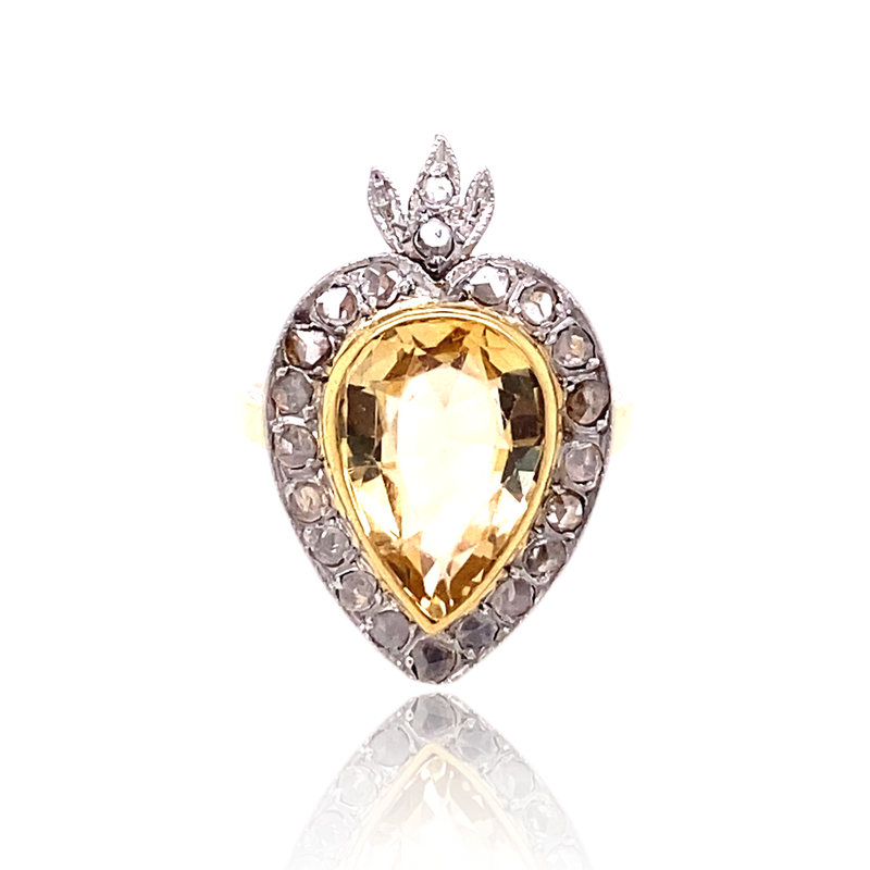 18K & Platinum French Victorian Diamond & Citrine Flaming Heart Ring