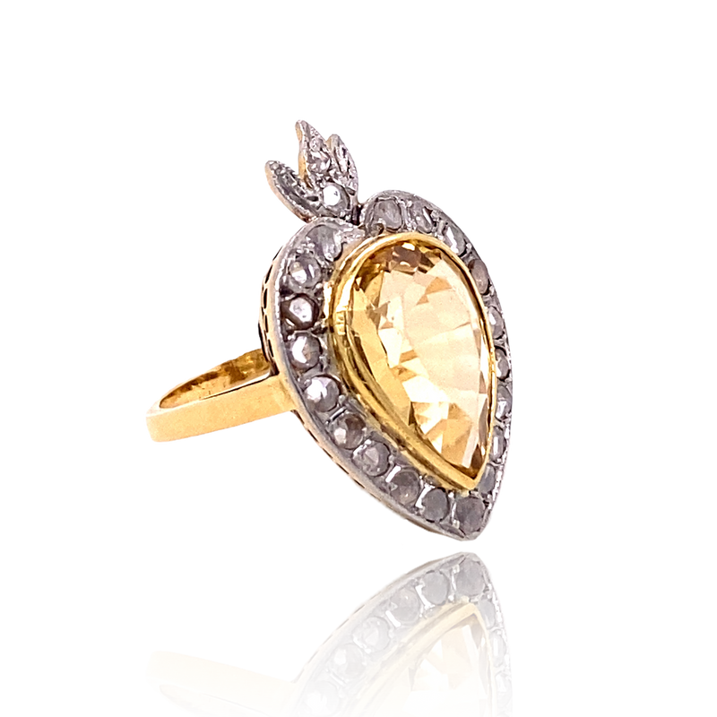 18K & Platinum French Victorian Diamond & Citrine Flaming Heart Ring