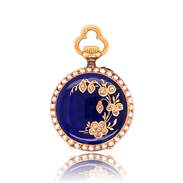 18K French Victorian Diamond & Pearl Blue Enamel Floral Pocket Watch