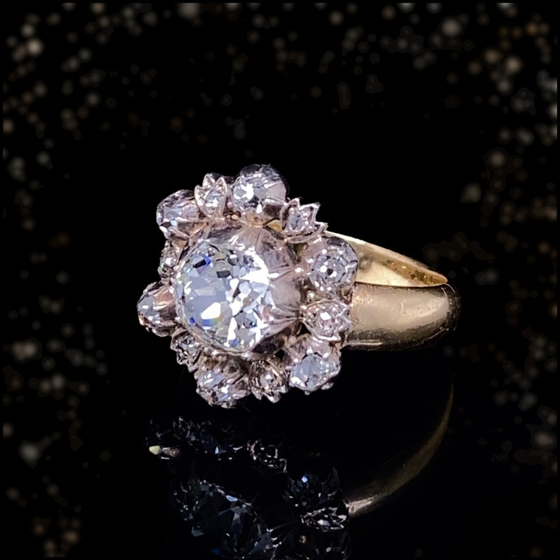 18K & Silver European Victorian Diamond Floral Cluster Ring