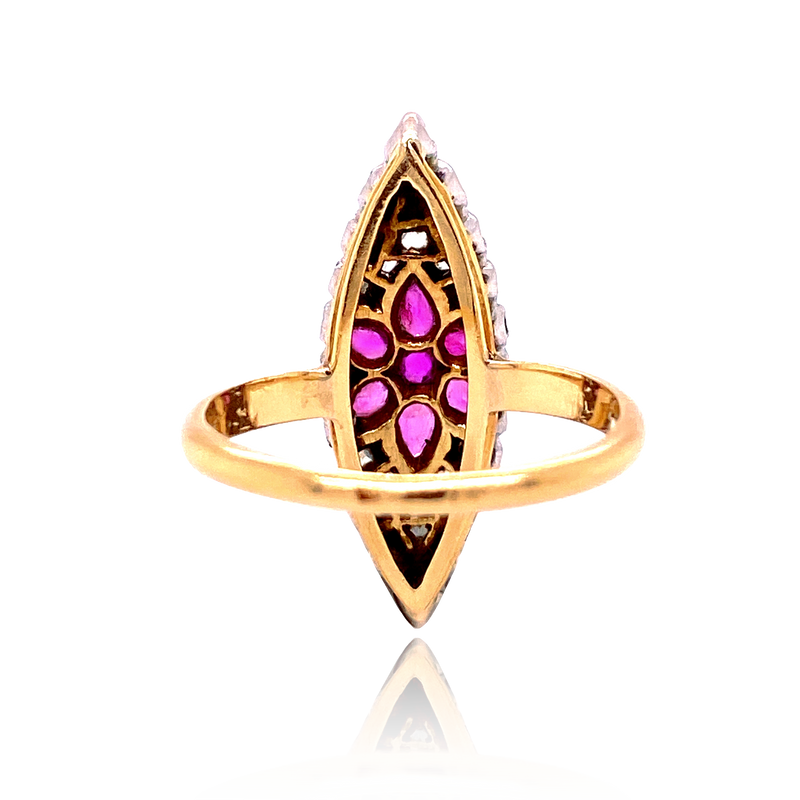 18K & Silver French Victorian Diamond & Ruby Flower Navette Ring
