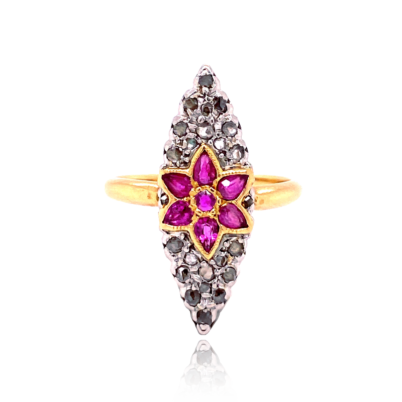 18K & Silver French Victorian Diamond & Ruby Flower Navette Ring