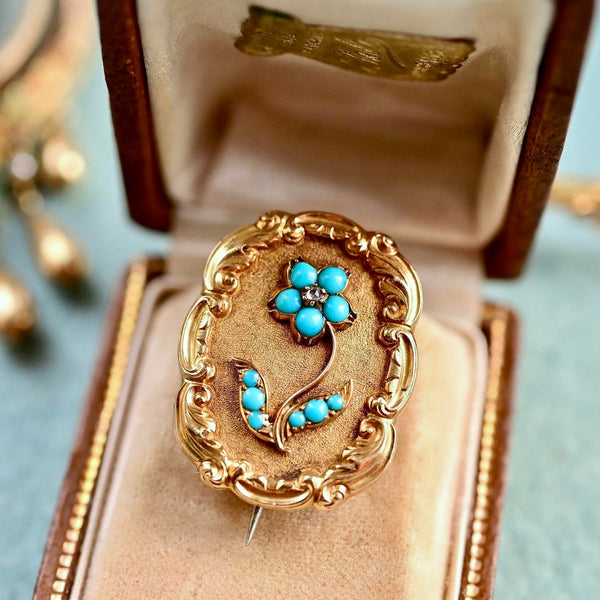 14K Georgian/Victorian Diamond & Turquoise Forget Me Not Flower Repousse Hairwork Brooch