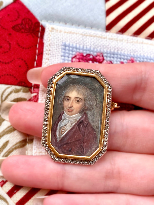 18K French Georgian/Victorian Diamond Gentleman Portrait Miniature Brooch