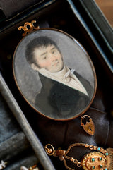 18K French Georgian Marriage Token Gentleman Portrait Miniature Locket with Hairwork & Heart Padlock