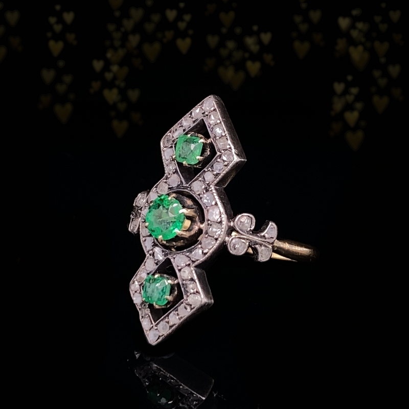 18K & Silver French Victorian Geometric Diamond & Emerald Ring