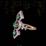 18K & Silver French Victorian Geometric Diamond & Emerald Ring