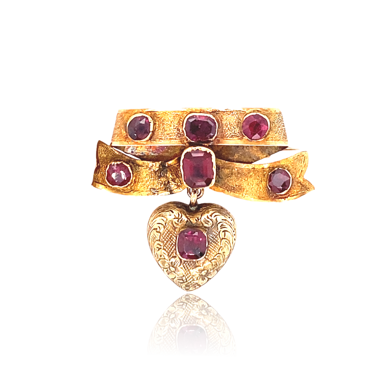 15K Georgian/Victorian Garnet Bow Brooch-Pendant with Heart Locket
