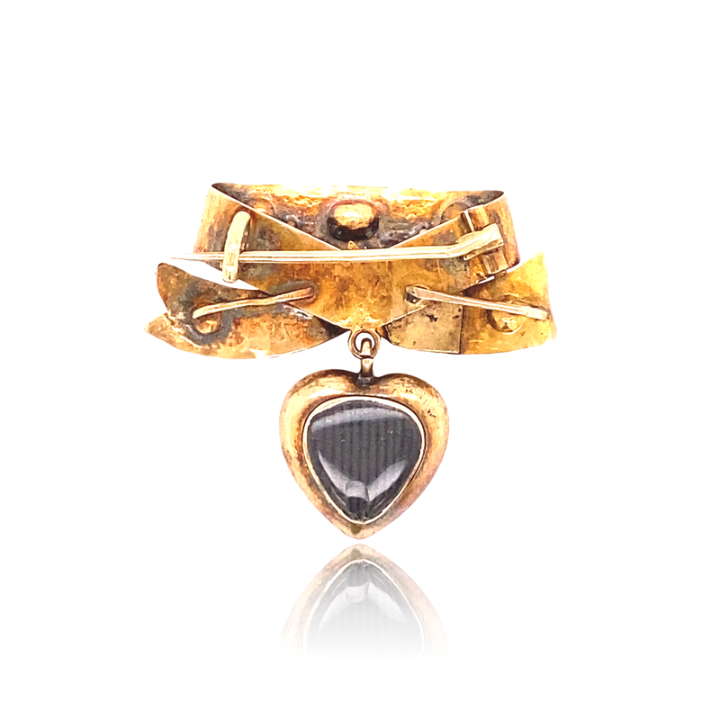 15K Georgian/Victorian Garnet Bow Brooch-Pendant with Heart Locket