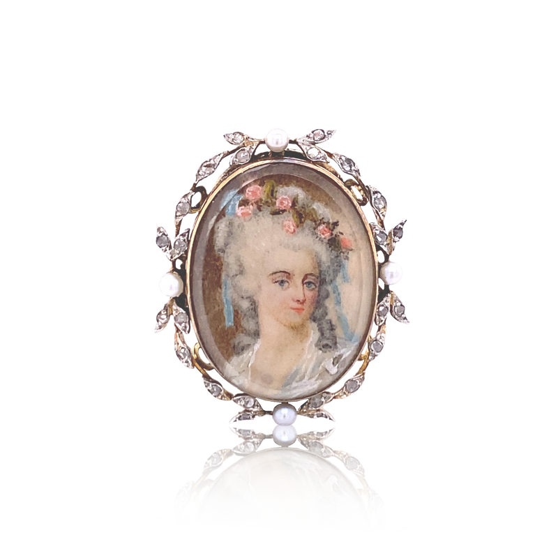 18K & Silver Georgian Diamond & Pearl Floral Lady Portrait Ring