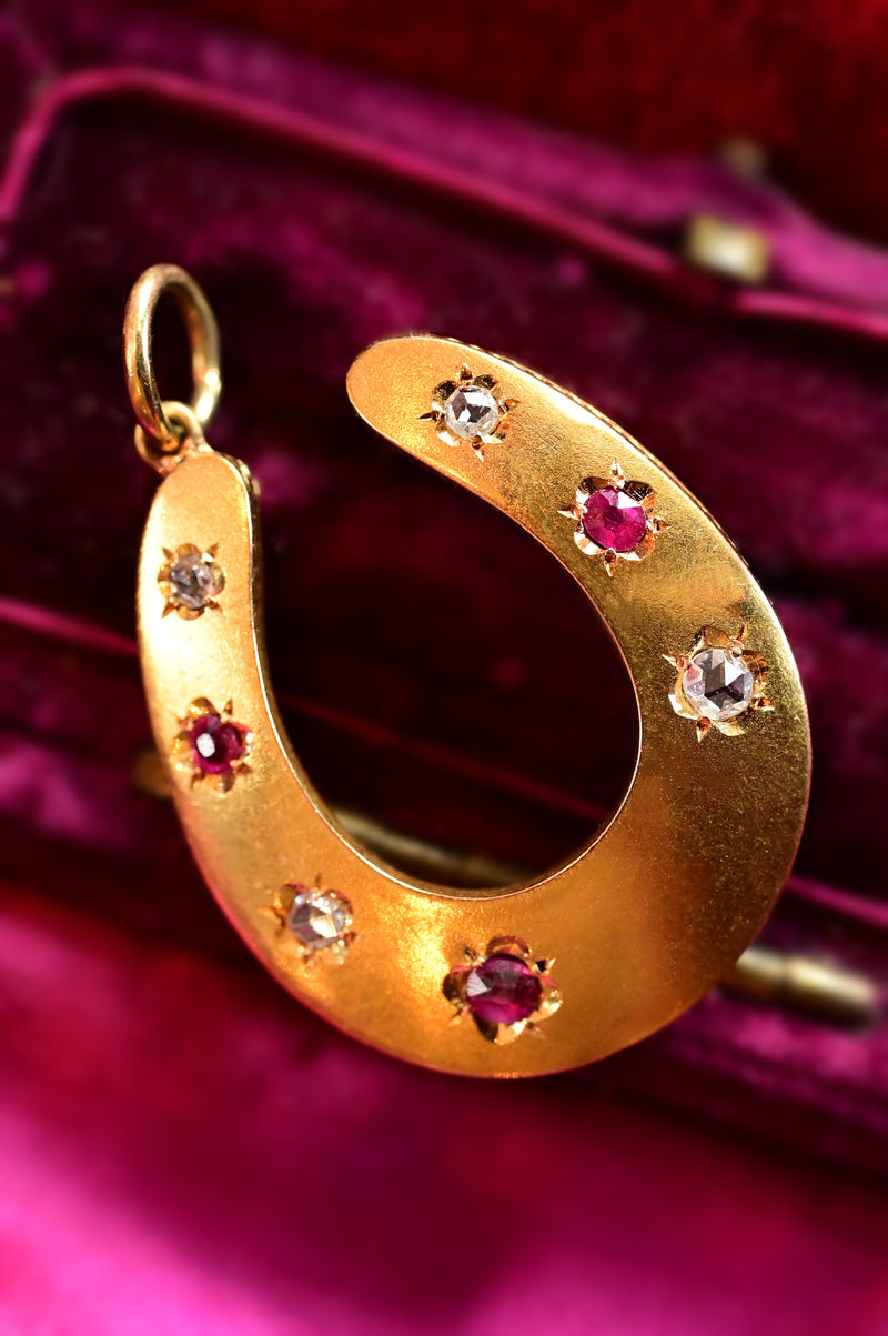 14K Victorian Diamond & Ruby Horseshoe Pendant
