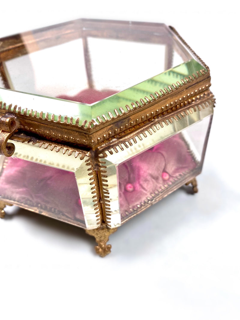 French Victorian Hexagon Trinket Tufted Silk Glass Box (Maroon Red)