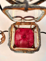 French Victorian Dove Mirror Trinket Tufted Silk Glass Box (Maroon Red)