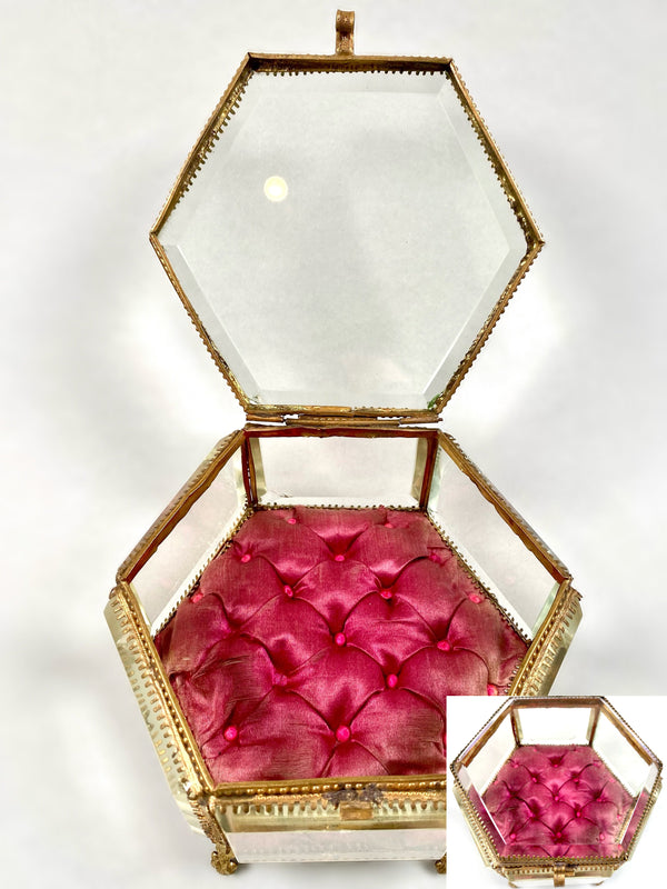 French Victorian Hexagon Trinket Tufted Silk Glass Box (Maroon Red)