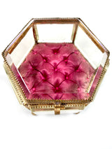 French Victorian Hexagon Trinket Tufted Silk Glass Box (Maroon Red)