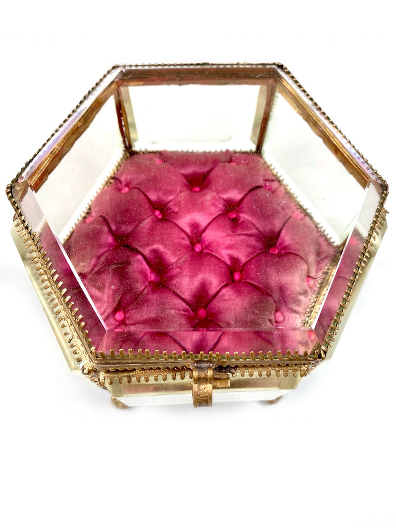French Victorian Hexagon Trinket Tufted Silk Glass Box (Maroon Red)