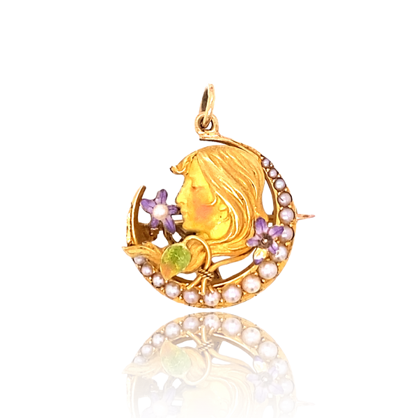 14K American Victorian Krementz & Co. Enamel & Pearl Art Nouveau Lady Crescent Brooch-Pendant
