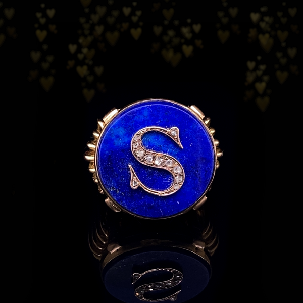 18K French Vintage Diamond & Lapis Lazuli Initial S Ring