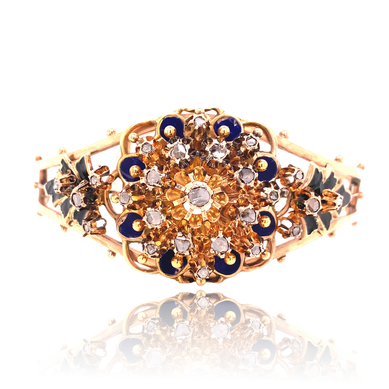 9K European Victorian Diamond Floral Enamel En Tremblant Bangle