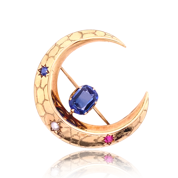 14K Victorian Sapphire, Ruby & Pearl Crescent Brooch