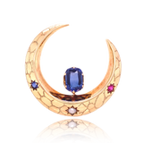 14K Victorian Sapphire, Ruby & Pearl Crescent Brooch