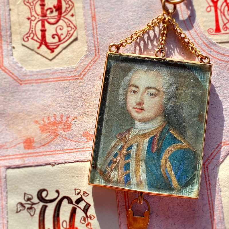 18K French Georgian Marriage Token Double Portrait Miniature Locket with Heart Padlock