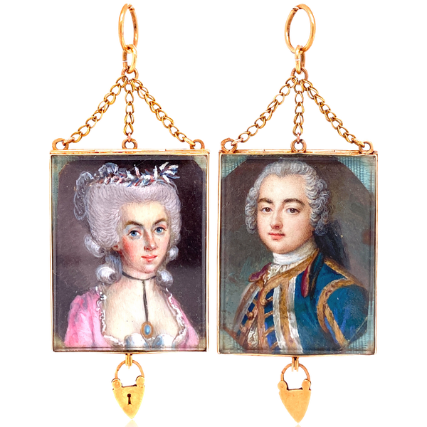18K French Georgian Marriage Token Double Portrait Miniature Locket with Heart Padlock