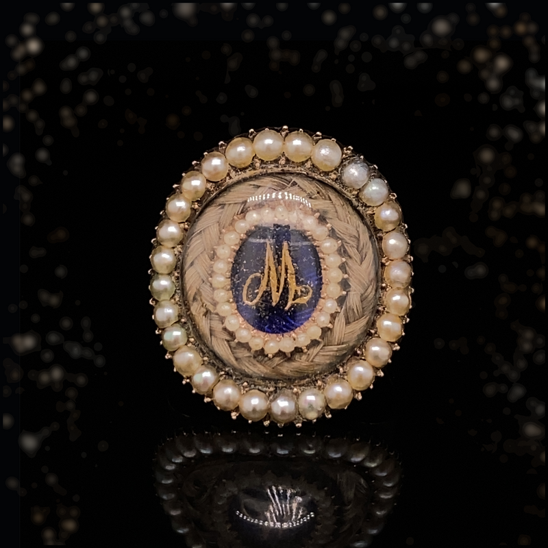 15K Georgian Initial M/W - Mary Walker Pearl Hairwork Mourning Ring with Inscription c.1798