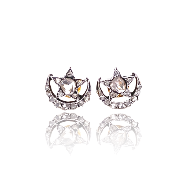 14K & Silver Victorian Diamond Crescent Star Earrings