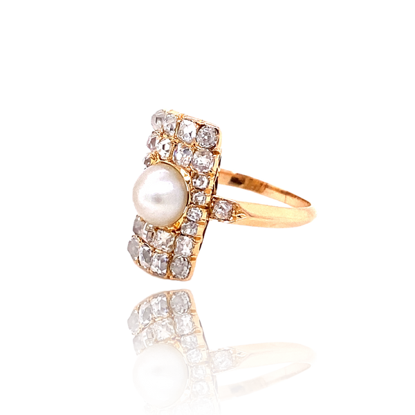 18K French Victorian Diamond & Pearl Rectangular Ring