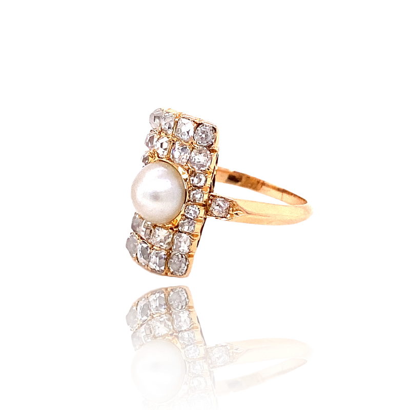 18K French Victorian Diamond & Pearl Rectangular Ring