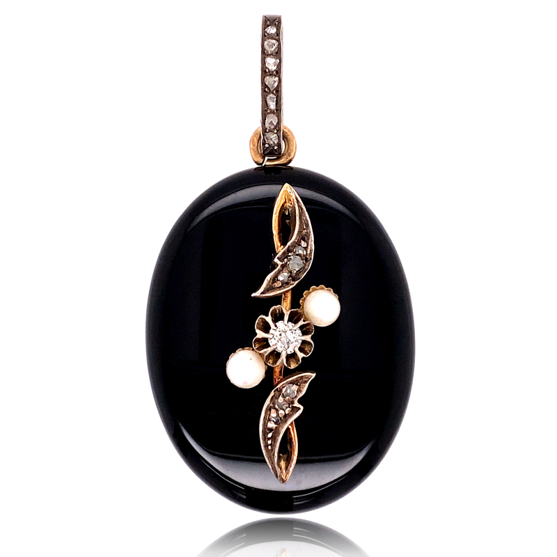 18K & Silver French Victorian Diamond, Onyx & Pearl Locket