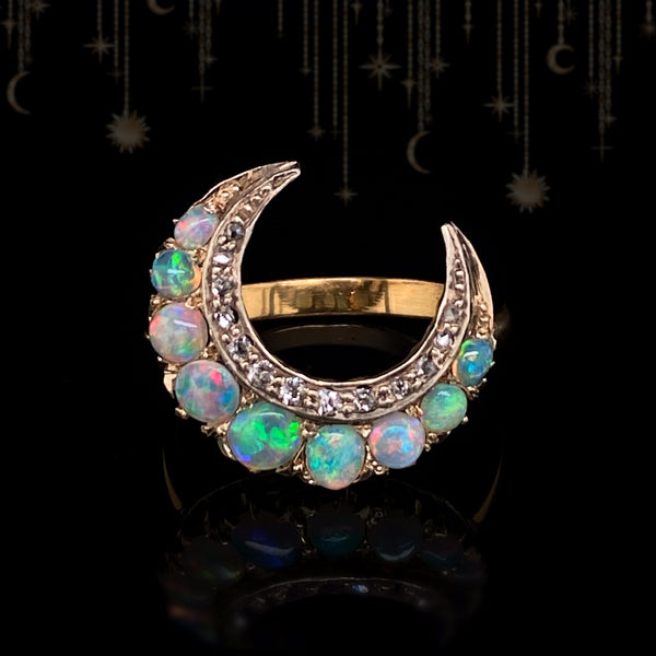 18K & Silver Victorian Diamond & Opal Crescent Ring