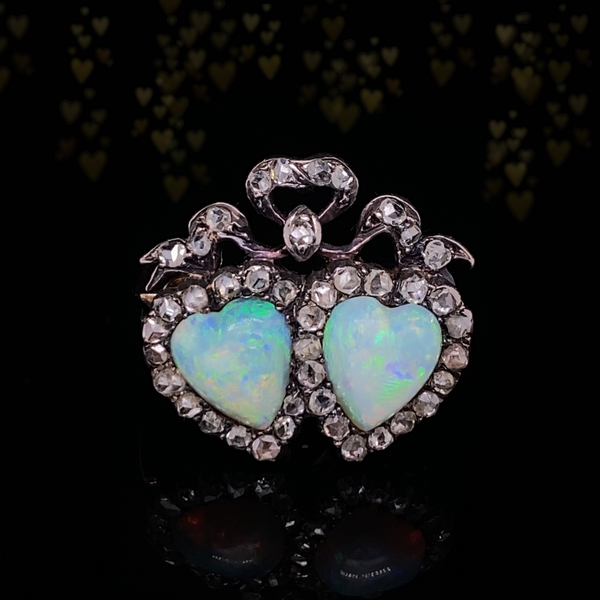 18K & Silver Victorian Diamond & Opal Crowned Double Heart Brooch