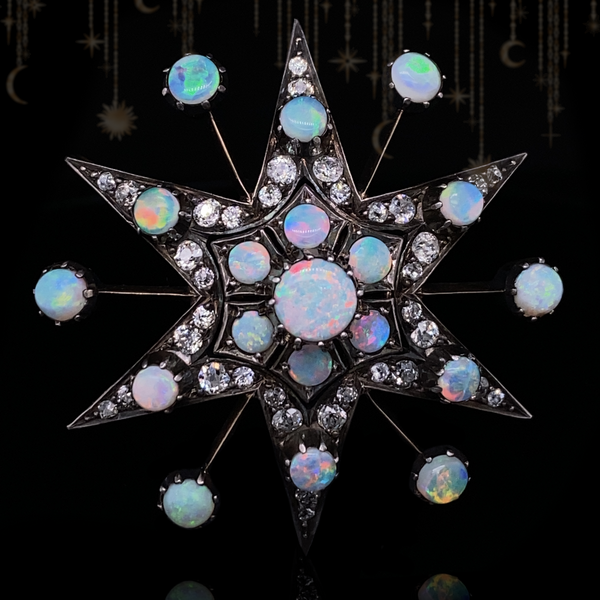 14K & Silver Victorian Diamond & Opal Star Pendant