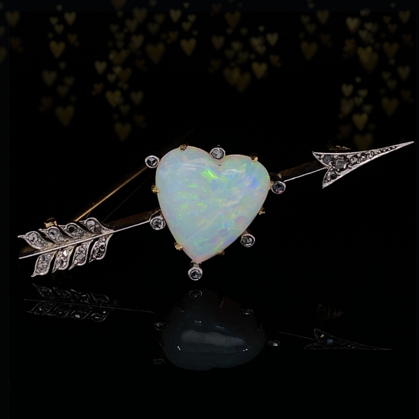 18K & Platinum Victorian Diamond & Opal Heart Arrow Brooch