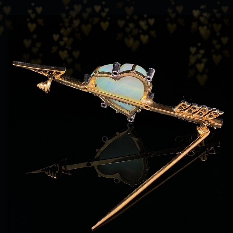 18K & Platinum Victorian Diamond & Opal Heart Arrow Brooch