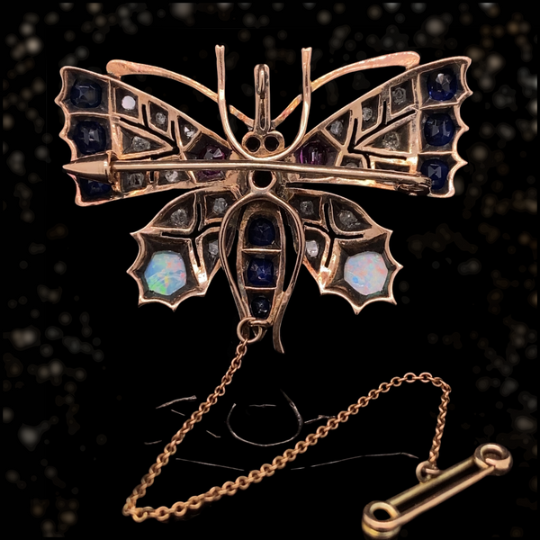 14K & Silver Victorian Diamond, Sapphire, Ruby & Opal Butterly Brooch-Pendant