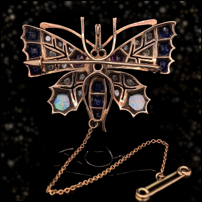 14K & Silver Victorian Diamond, Sapphire, Ruby & Opal Butterly Brooch-Pendant