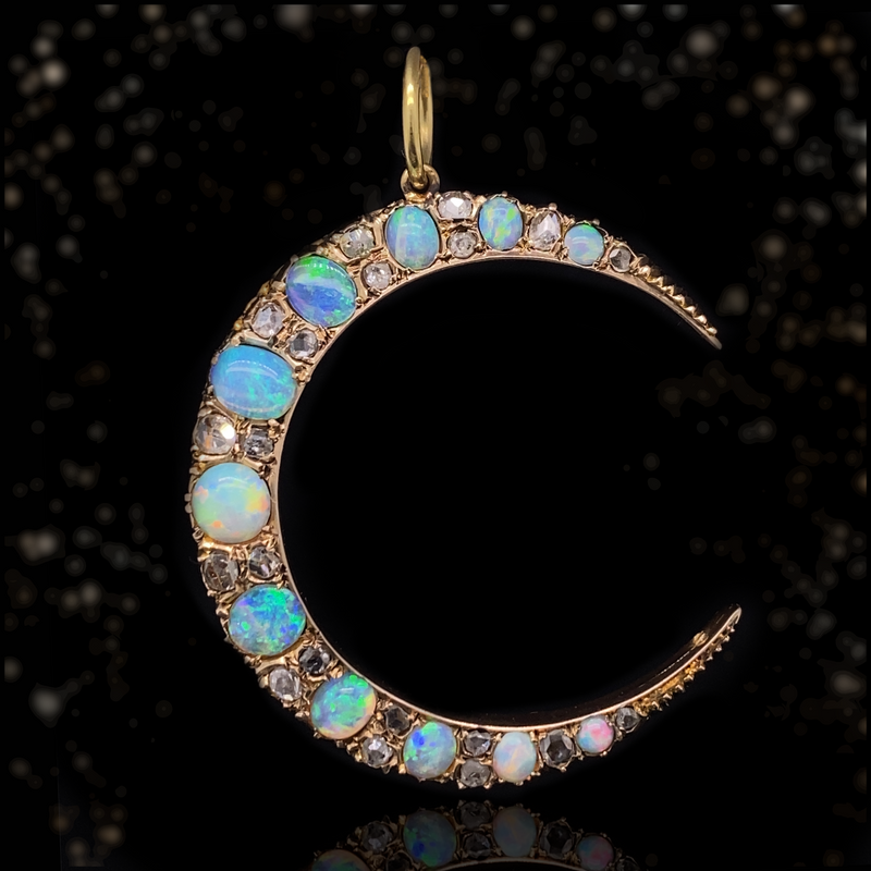 18K Victorian Diamond & Opal Crescent Pendant