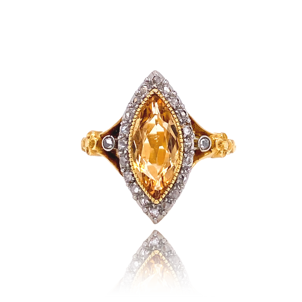 18K & Silver European Victorian Diamond & Topaz Floral Navette Ring