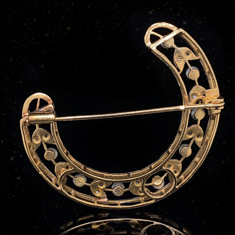 18K & Platinum French Edwardian Diamond & Pearl Horseshoe Crescent Brooch