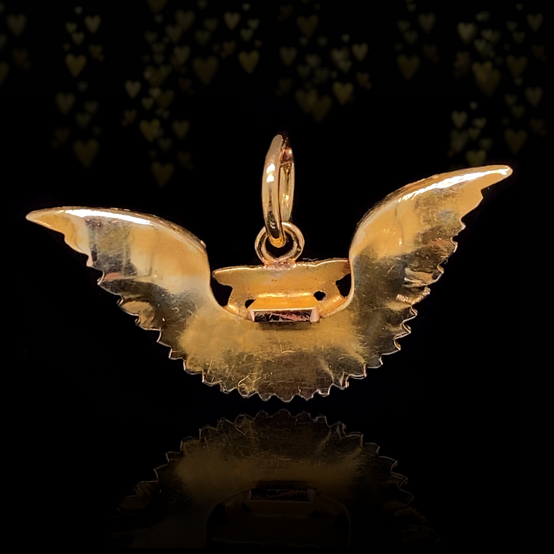 14K Victorian Ruby Winged Owl Egyptian Revival Guilloche Enamel Pendant
