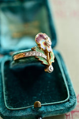18K & Platinum French Victorian/Edwardian Art Nouveau Belle Epoque Diamond Plique A Jour Enamel Pansy Ring
