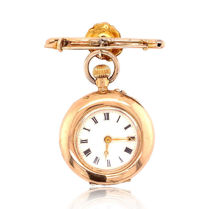14K Victorian Diamond Pansy Enamel Pocket Watch with Brooch