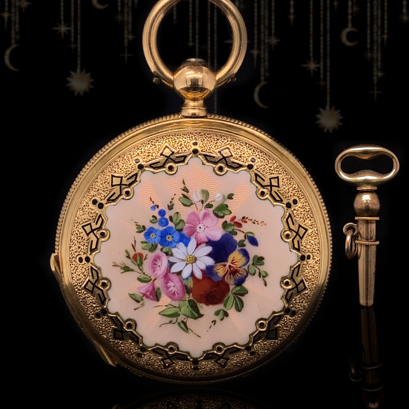18K Swiss Victorian Flower Bouquet Guilloche Enamel Pocket Watch with Winding Key