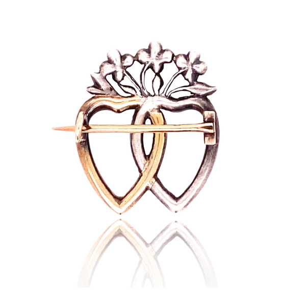 18K French Victorian Diamond & Pearl Crowned Double Heart Brooch
