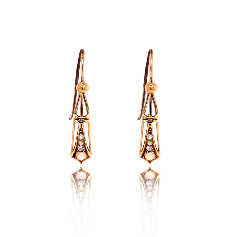 15K Victorian Diamond & Pearl Drop Earrings