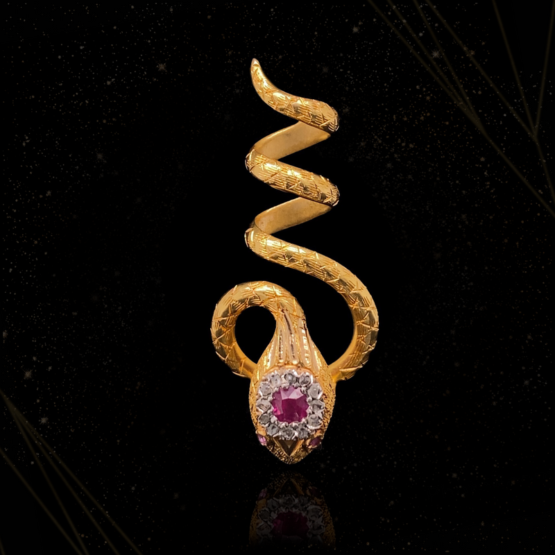18K French Victorian Diamond & Ruby Snake Slider Pendant
