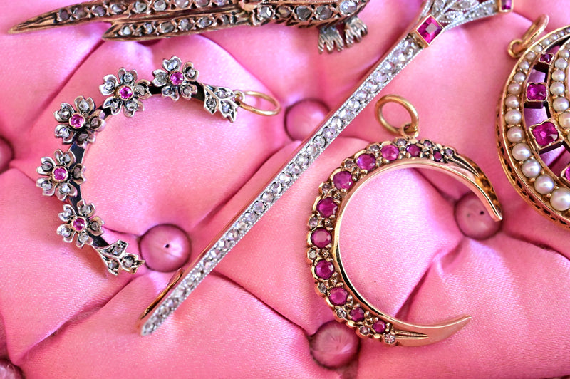 9K Vintage Diamond & Ruby Crescent Pendant c.1989